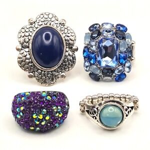 Lot of 4 Stretch Rings Silvertone Blue Purple Rhinestone Cabochon Assorted